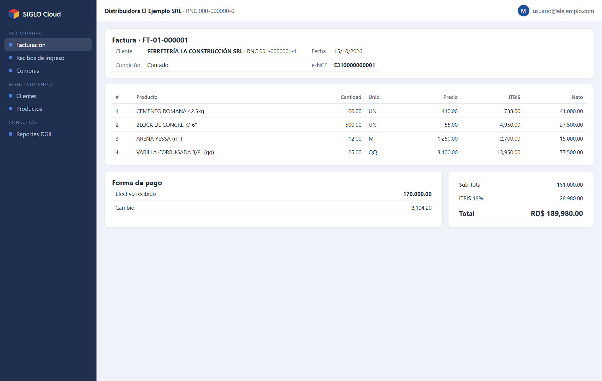 Factura con comprobante electrónico en SIGLO Cloud (datos ficticios)