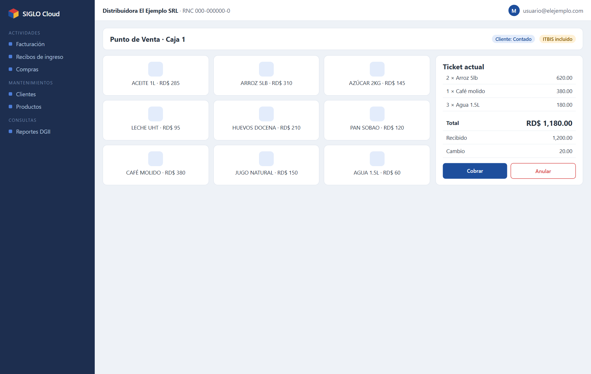 Punto de Venta de SIGLO Cloud con ticket y productos (datos ficticios)